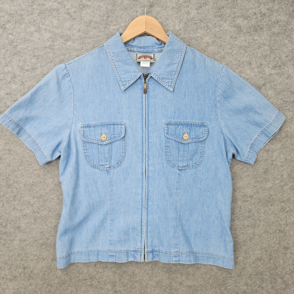 Pine Cove Zip Front Shirt Women's Size 10 Blue Denim Short Sleeve Cotton Pockets